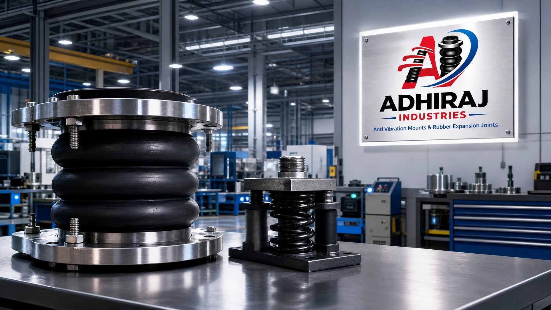 Adhiraj Industries reception area with branded signage and product display
